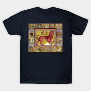 MEDIEVAL BESTIARY,LEOPARD, FANTASTIC ANIMALS IN GOLD RED BLUE COLORS T-Shirt